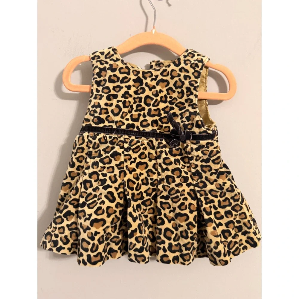 OshKosh B'gosh Leopard Print Dress Baby Girl 3-6M Tan Velvet Ribbon Bow